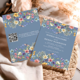 Wildflower Rustic Chic Blue Wedding QR-code Kaart