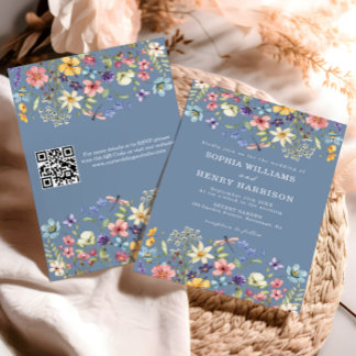 Wildflower Rustic Chic Blue Wedding QR-code Kaart