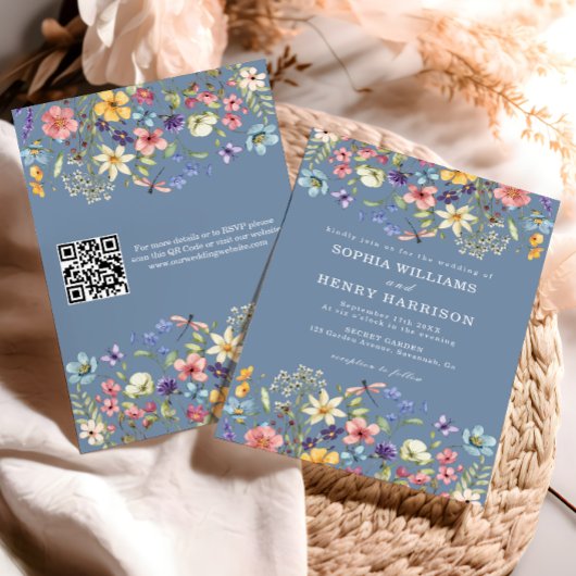 Wildflower Rustic Chic Blue Wedding QR-code Kaart