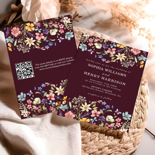 Wildflower Rustic Chic Bourgondië Wedding QR-code Kaart