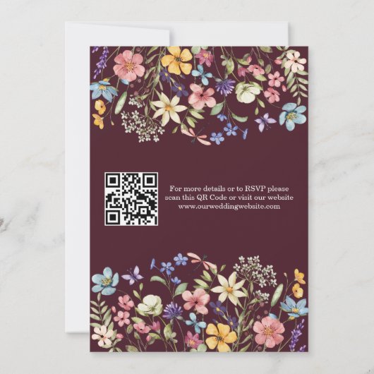 Wildflower Rustic Chic Bourgondië Wedding QR-code Kaart (Achterkant)