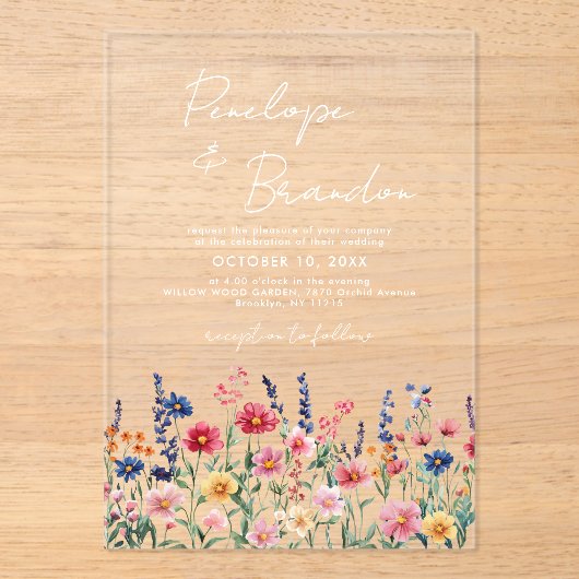 Wildflower Rustic Country Boho Floral Chic Huwelij Acryl Uitnodigingen (Voorkant)