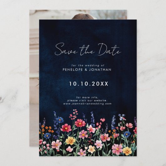 Wildflower Rustic Country Boho Floral Navy Foto Save The Date (Voorkant / Achterkant)