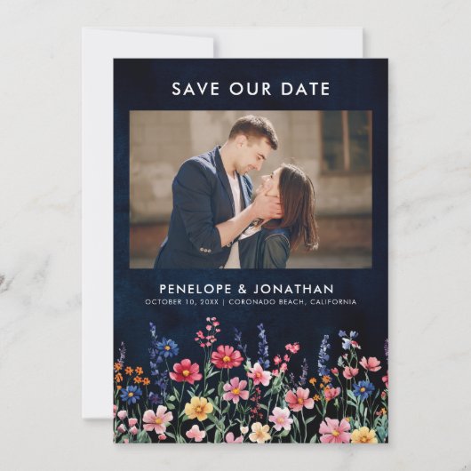 Wildflower Rustic Country Boho Floral Navy Foto Save The Date (Voorkant)