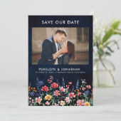 Wildflower Rustic Country Boho Floral Navy Foto Save The Date (Staand voorkant)