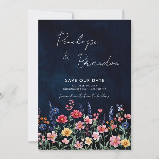 Wildflower Rustic Country Boho Floral Navy Foto's Save The Date (Voorkant)