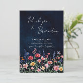 Wildflower Rustic Country Boho Floral Navy Foto's Save The Date (Staand voorkant)