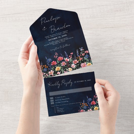 Wildflower Rustic Country Boho Floral Navy Wedding All In One Uitnodiging (Afscheurbaar)