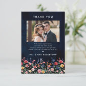 Wildflower Rustic Country Boho Floral Navy Wedding Bedankkaart (Staand voorkant)