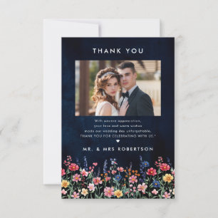 Wildflower Rustic Country Boho Floral Navy Wedding Bedankkaart