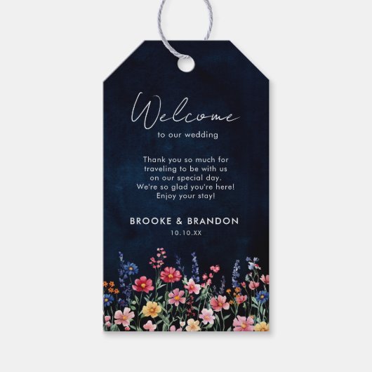 Wildflower Rustic Country Boho Floral Navy Wedding Cadeaulabel (Voorkant)