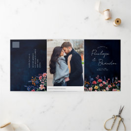 Wildflower Rustic Country Boho Floral Navy Wedding Drieluik Aankondiging