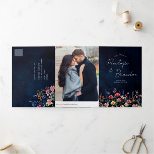 Wildflower Rustic Country Boho Floral Navy Wedding Drieluik Aankondiging