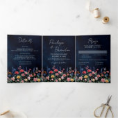 Wildflower Rustic Country Boho Floral Navy Wedding Drieluik Aankondiging (Binnen)