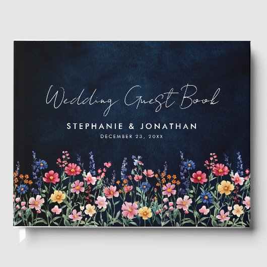 Wildflower Rustic Country Boho Floral Navy Wedding Gastenboek (Voorkant)