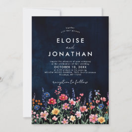 Wildflower Rustic Country Boho Floral Navy Wedding Kaart