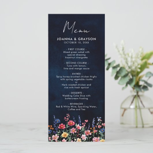 Wildflower Rustic Country Boho Floral Navy Wedding Menu (Staand voorkant)