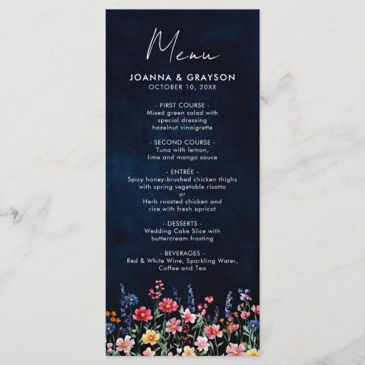 Wildflower Rustic Country Boho Floral Navy Wedding Menu (Voorkant)