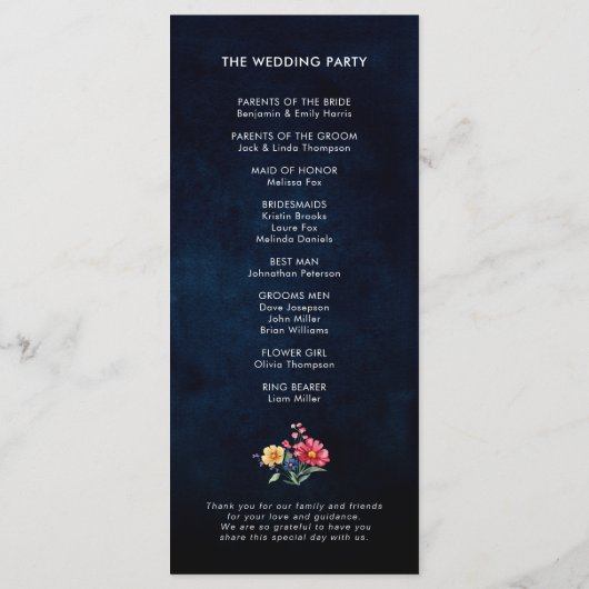 Wildflower Rustic Country Boho Floral Navy Wedding Programmakaart (Achterkant)