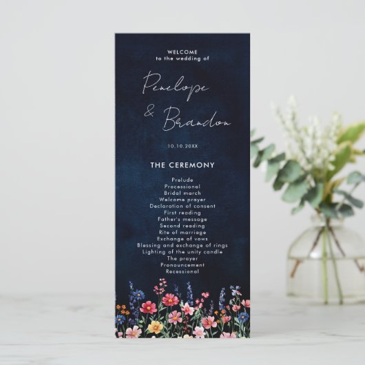 Wildflower Rustic Country Boho Floral Navy Wedding Programmakaart (Staand voorkant)