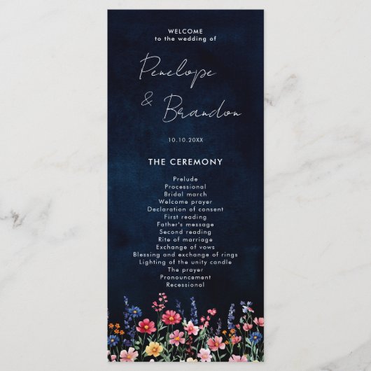 Wildflower Rustic Country Boho Floral Navy Wedding Programmakaart (Voorkant)