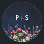 Wildflower Rustic Country Boho Floral Navy Wedding Ronde Sticker<br><div class="desc">Vier je liefde met deze levendige bruiloft sticker met een waterverf wilde bloem ontwerp in roze, paarse en groene tinten. Deze op natuur geïnspireerde uitnodiging is ideaal voor bruiloften met een tuin, lente of een rustiek thema en combineert delicate bloemaccenten met elegante typografie, waardoor een grillige en romantische touch wordt...</div>