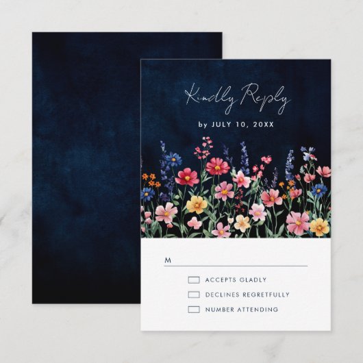 Wildflower Rustic Country Boho Floral Navy Wedding RSVP Kaartje (Voorkant / Achterkant)