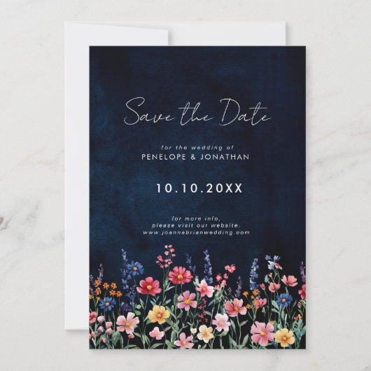 Wildflower Rustic Country Boho Floral Navy Wedding Save The Date (Voorkant)