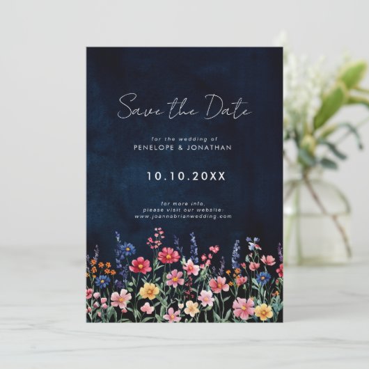 Wildflower Rustic Country Boho Floral Navy Wedding Save The Date (Staand voorkant)