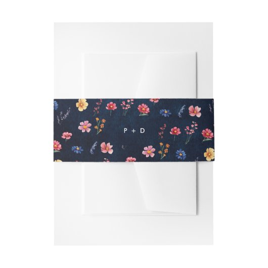 Wildflower Rustic Country Boho Floral Navy Wedding Uitnodigingen Wikkel (Voorkant Voorbeeld)