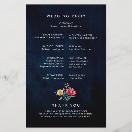 Wildflower Rustic Country Boho Wedding Programma (Achterkant)