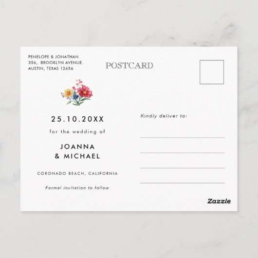 Wildflower Rustic Country Floral Bewaar de datum Briefkaart (Achterkant)