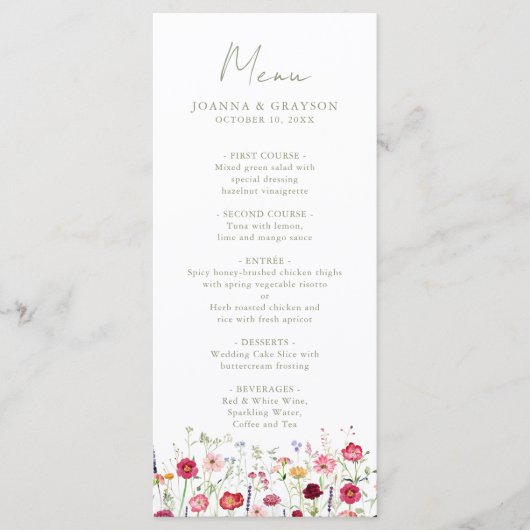Wildflower Rustic Country Floral Garden Wedding Menu (Voorkant)
