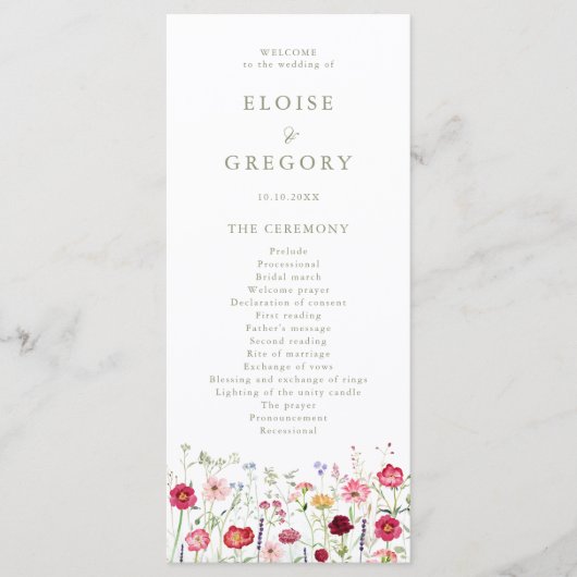 Wildflower Rustic Country Floral Garden Wedding Programmakaart (Voorkant)