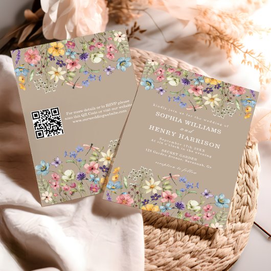 Wildflower Rustic Country Taupe Wedding QR-code Kaart
