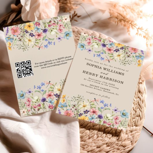 Wildflower Rustic Country Wedding Floral QR Code Kaart