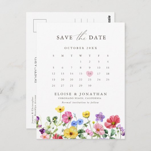 Wildflower Rustic Floral Calendar Bewaar de datum Briefkaart (Voorkant / Achterkant)