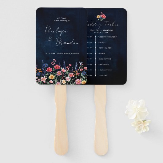 Wildflower Rustic Floral Navy Wedding Tijdlijn Handwaaier (Voorkant en achterkant)