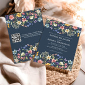 Wildflower Rustic Navy Blue Wedding QR-code Kaart