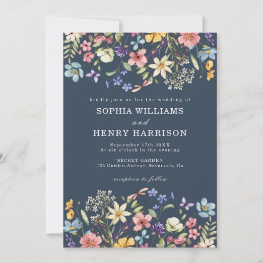Wildflower Rustic Navy Blue Wedding QR-code Kaart (Voorkant)