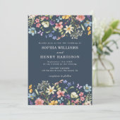 Wildflower Rustic Navy Blue Wedding QR-code Kaart (Staand voorkant)