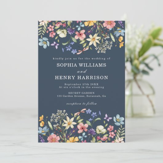 Wildflower Rustic Navy Blue Wedding QR-code Kaart (Staand voorkant)