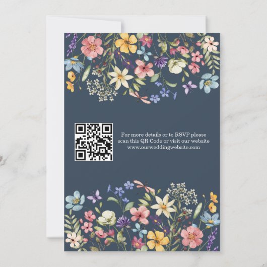 Wildflower Rustic Navy Blue Wedding QR-code Kaart (Achterkant)