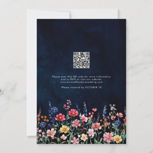 Wildflower Rustic QR Code Floral Navy Wedding Kaart (Achterkant)