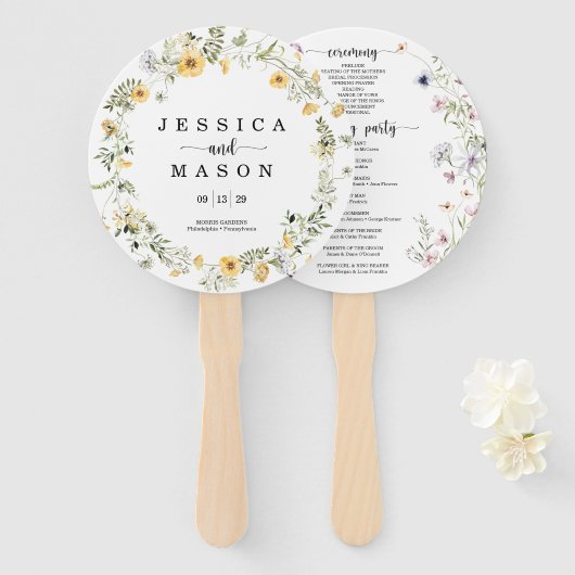 Wildflower Rustic Round Wedding Programme Fan Handwaaier (Voorkant en achterkant)