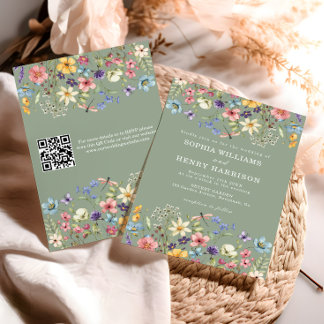 Wildflower Rustic Sage Green Wedding QR-code Kaart