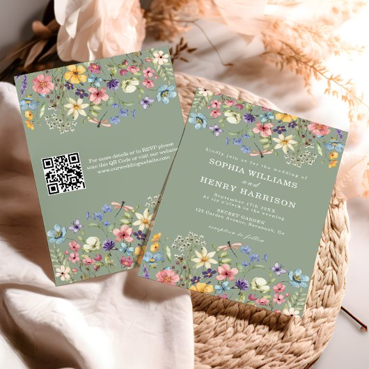 Wildflower Rustic Sage Green Wedding QR-code Kaart
