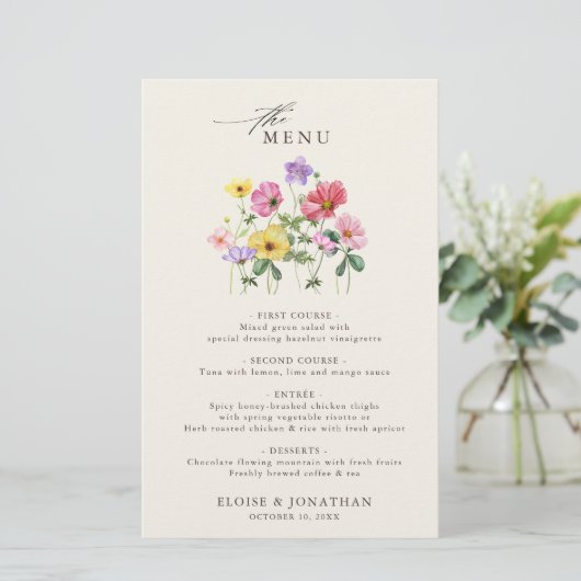 Wildflower Rustiek Chic Bloemen Boho Wedding Menu (Staand voorkant)