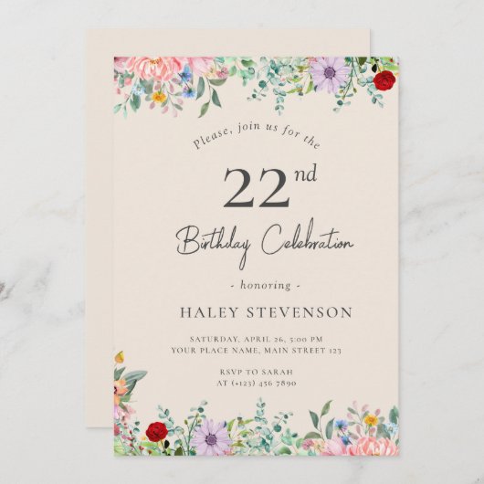 Wildflower rustieke Boho 22e verjaardag Eenvoudig  Kaart (Voorkant / Achterkant)