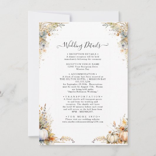 Wildflower rustieke herfst pompoen bruiloft detail kaart (Voorkant)